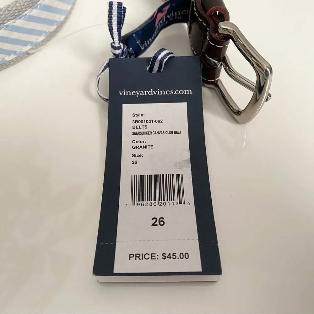 Vineyard Vines Kids Boys Seersucker Canvas Club Striped Blue White Brown Belt 26